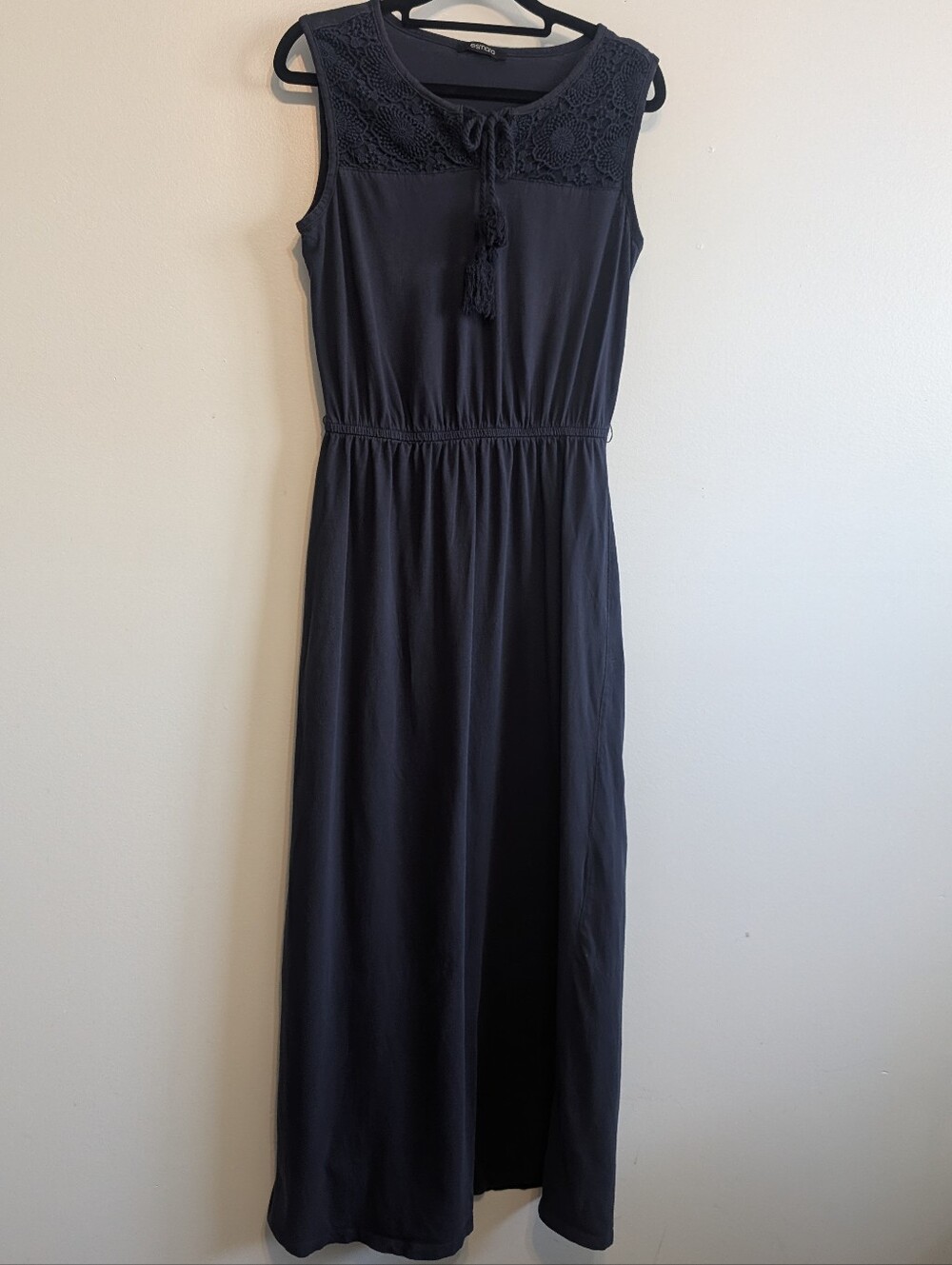 100% Cotton Sleeveless Navy Maxi Dress with Crochet Yoke and Tassel Tie M